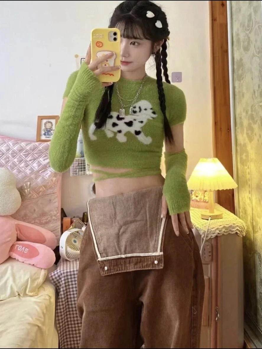 

Detachable Sleeve Knitted Sweater Pullovers Aesthetic Autumn Casualwear Snap Buttons Plaid Knitwears Long-Sleeved Versatile Girl