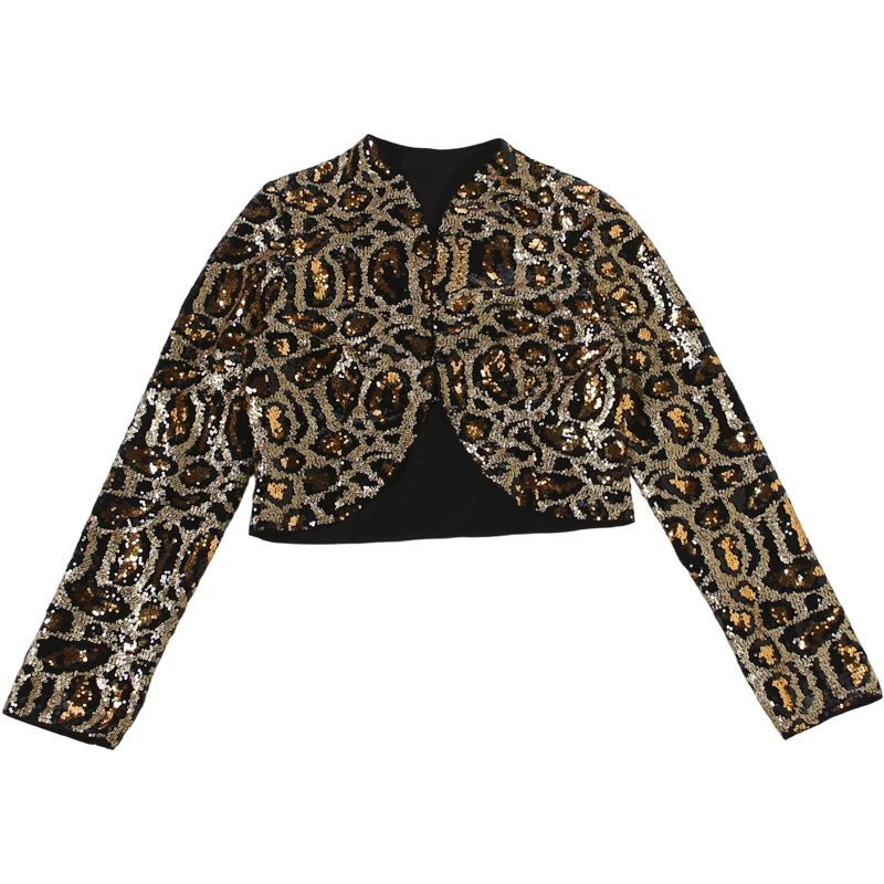 Weird Puss Leopardenmuster-Paillettenjacke für Damen, modisch, einreihig, lange Ärmel, Herbsttrend, Hottie Street Party Crop-Übermantel – Detail 3