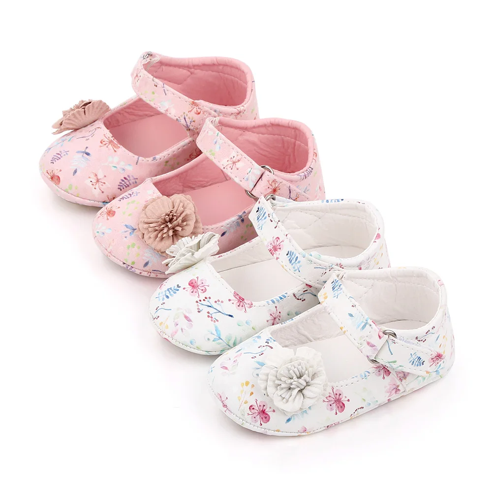 Baby Girl Shoes Mary Jane Flower Print Cute Bowknot Spring and Summer Sandal Soft PU and TPR Sole Anti-slip for 0-12M Baby