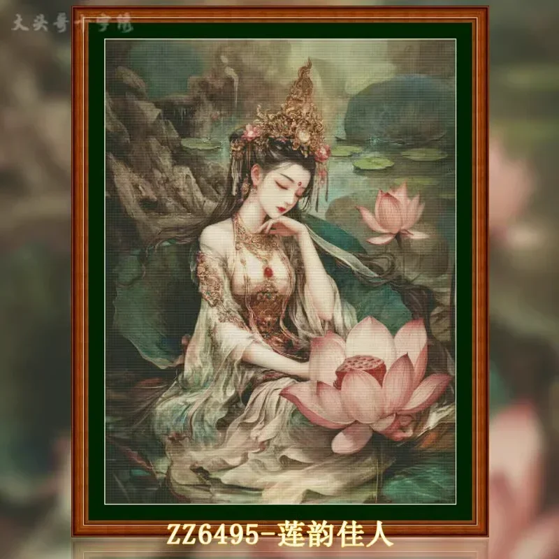 【ZZ6495- Lotus Charm Beauty】 Stamped Cross Stitch Kit 14CT 16CT Pre Printed Canvas Cotton Threads DIY Embroidery Home Wall Decor
