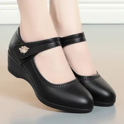 Spring Casual Wedges Women Black Soft Leather Shoes Fashion Comfort Round Head Work Office Pumps Luxury Anti-slip Shoes