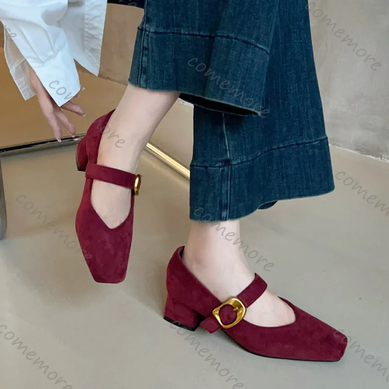 

Comemore Retro Middle Heel Suede Pumps for Women Fashion Square Toe Female Spring Autumn Temperament Mary Jane Single Shoes