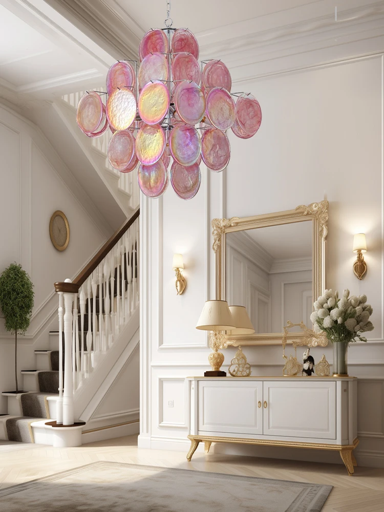 

Foyer Ceiling Chandeliers European Art Cottage Vintage Red Circle Glass Home Deco Hanging Lamps Living Room Villa Lustre