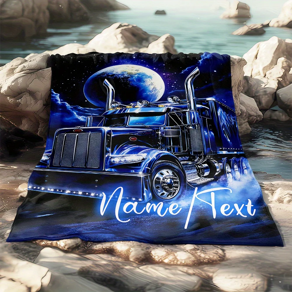 Custom Truck Blanket Space Planet Design Personalized Name Fleece Throw All Season Soft Warm Bedding Home Decor Gift for Men