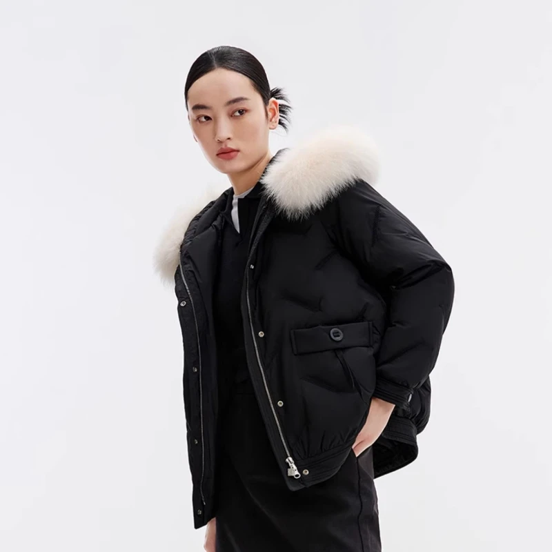 Chericom Damen-Daunenjacke mit Kapuze, weißes Fuchspelz, neue mehrere Taschen, Reißverschluss-Design, weiblich, warme Polsterung, Puffermantel, Y289205B