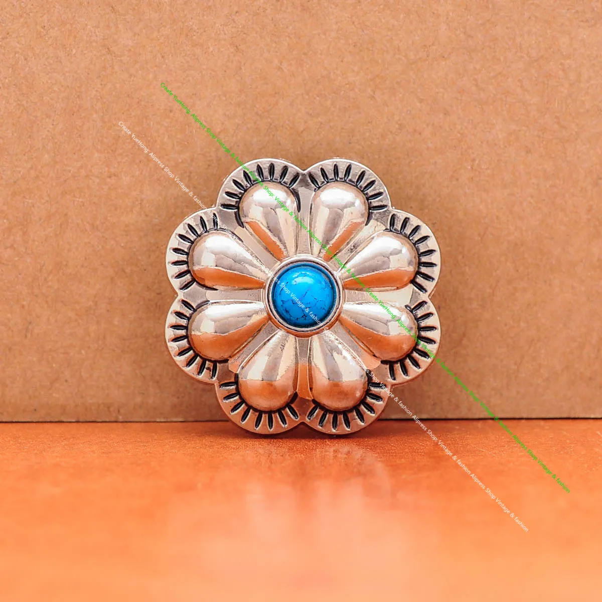 28Mm Pattern Engraved Southeast Flower Turquoise Conchos Shank Sewing Buttons for Handmade  Leathercraft Hair Accessories