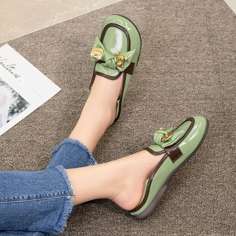 Green Round Toe Normal Leather Casual Ladies Summer Footwear Flats White Flat Shoes for Women 2024 Fashion Chic and Elegant Shoe