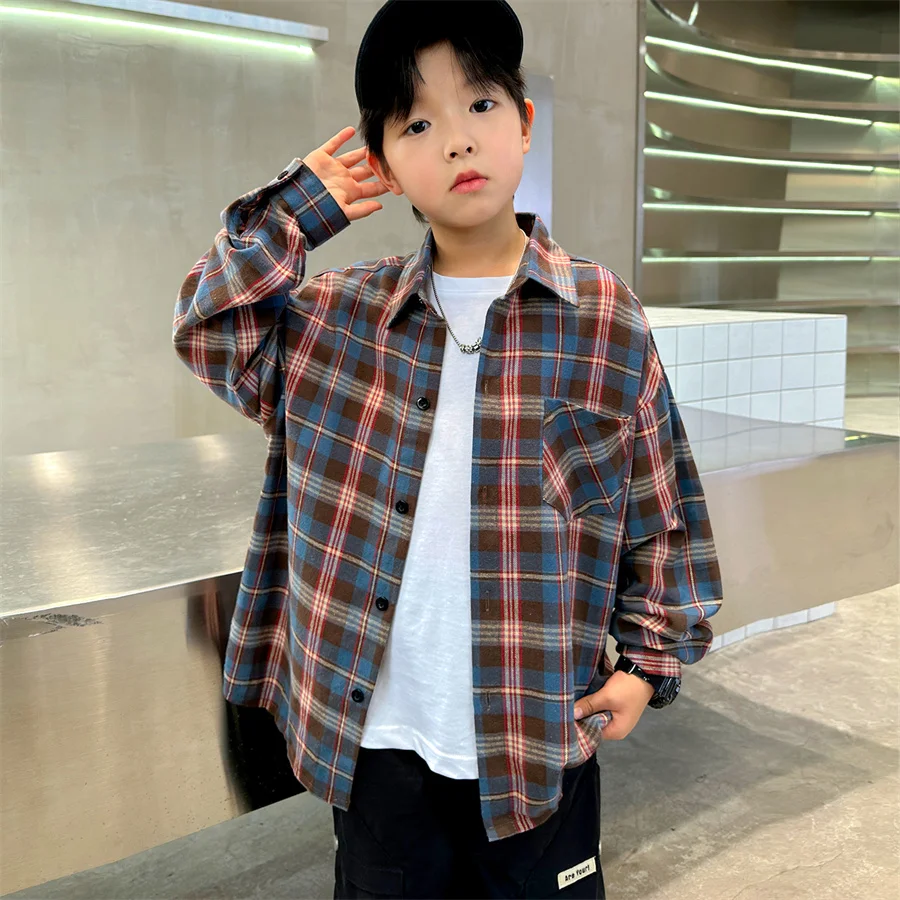 

Korean Child Red Plaid Shirt With Pocket for Boy Casual Blouse Kids Top New Spring Clothing Long Sleeve Baby Boy Clothes Outfit