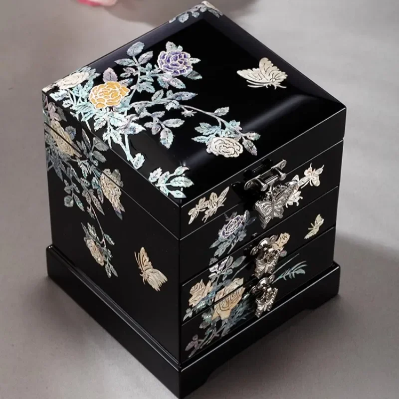 Lacquer Jewelry Box Mother of Pearl Inlay Wooden Multi Layer Chinese Style Wedding Gift