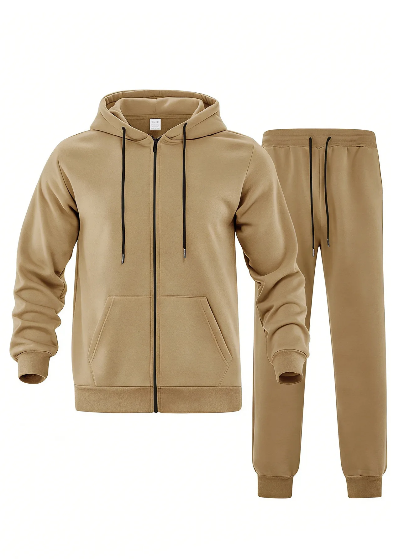 Herbst-Winter Herren Fleece Zweiteiler Set Einfarbiger Zip-Hoodie Jogginghose Warme Freizeitkleidung Locker Sitzender Täglicher Trainingsanzug – Detail 12