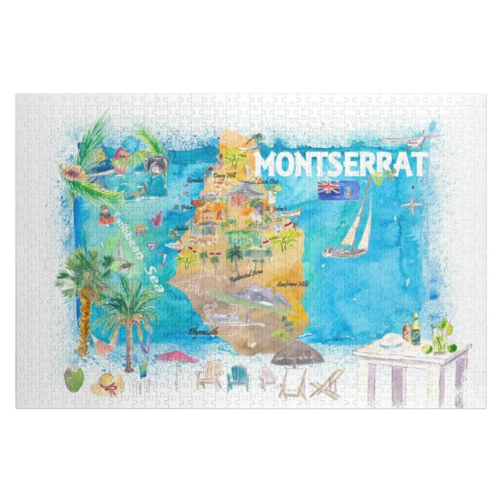 

Montserrat Antilles Illustrated Caribbean Travel Map with Highlights of West Indies Island Dream Jigsaw Puzzle