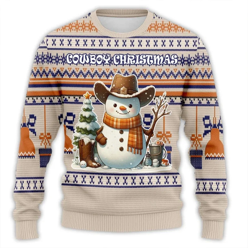 2025 New Western Cowboy Ugly Christmas Sweater Men's Cowboy Clothing Funny Ugly Sweater Christmas Round Neck Sportswear Top