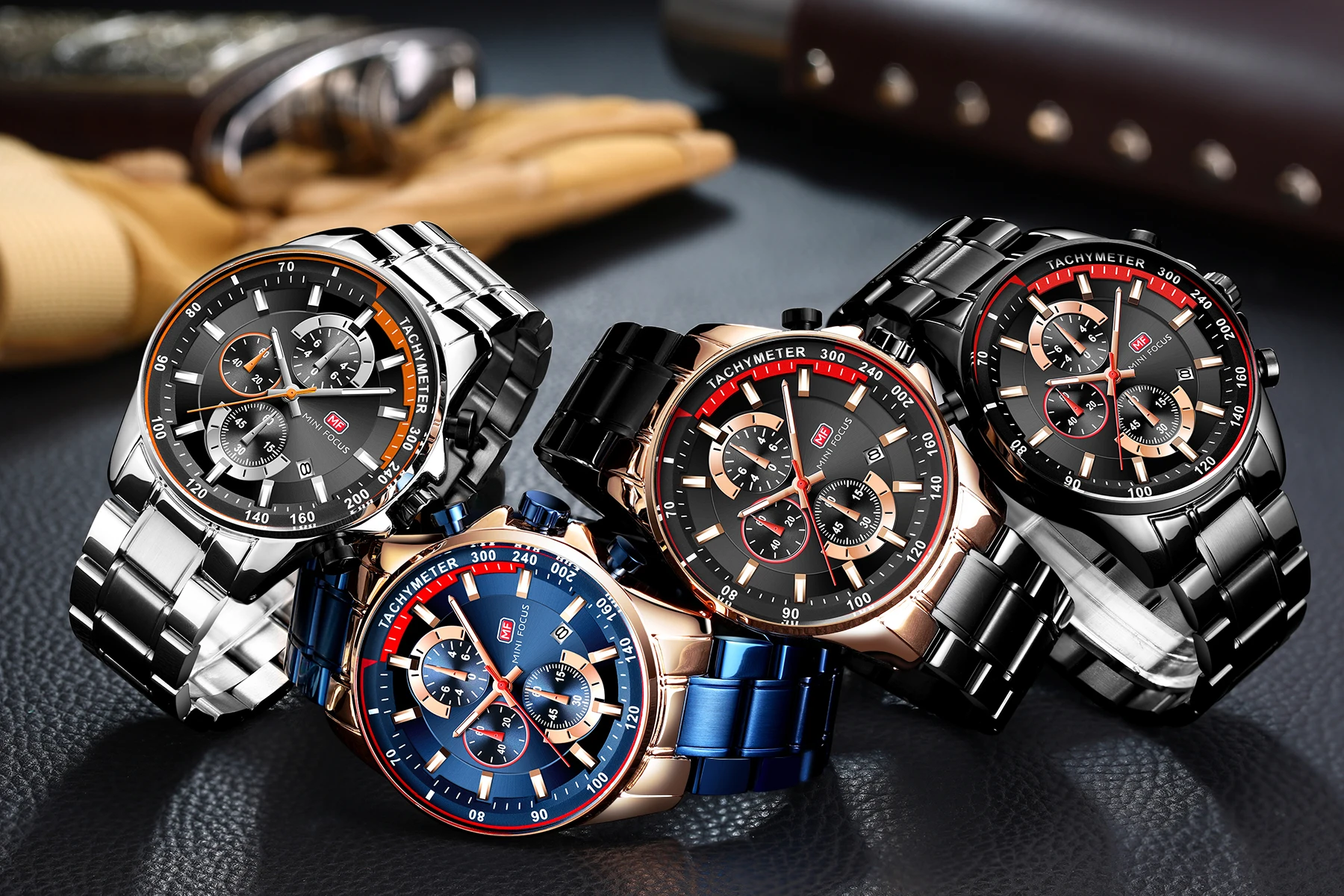 MINI FOCUS MF0218G Men Chronograph Watch Luxury Business Silver Stainless Steel Band Waterproof Quartz Watches