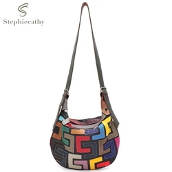 SC Casual Large Capacity Shoulder Bag Women Colorful Genuine Leather Blocks Patchwork Canvas Street Style Cross body Hobo Travel