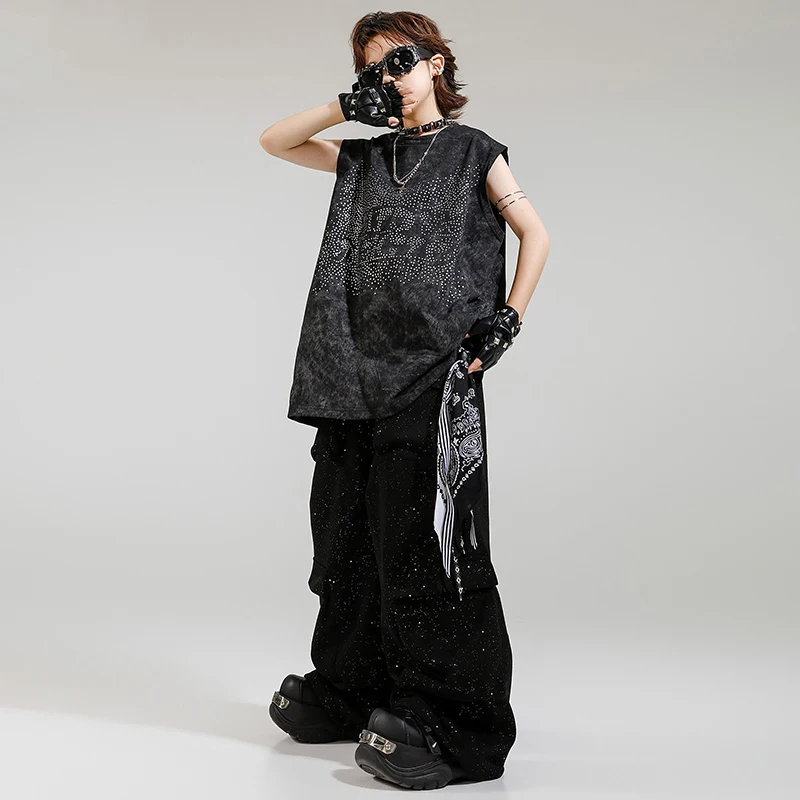 Jungen Hip Hop Dance Kostüm Sommer Schwarze Weste Baggy Hosen Glänzende Bühne Outfit Jazz Performance Kleidung Trend Straße Tragen BL16179