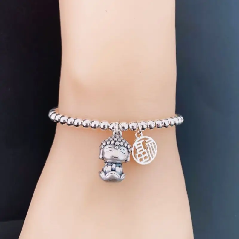 

Кулон Будды Майтрейи, чистое серебро, цветок лотоса, браслет-цепочка из бисера, унисекс, этническая защита, благословение, регулируемый для мужчин и женщин