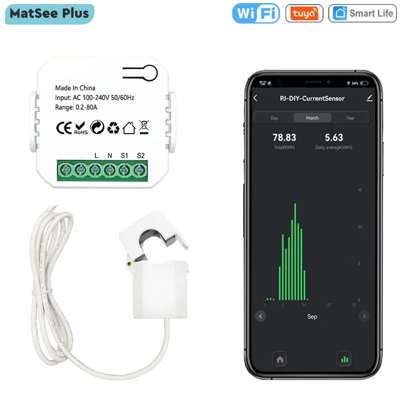 Tuya Smart Life WiFi Clamp Power Meter, 80A, App Energy Monitor, Current Transformer Sensor, KWh Statistics, 110V, 240V, 50/60Hz