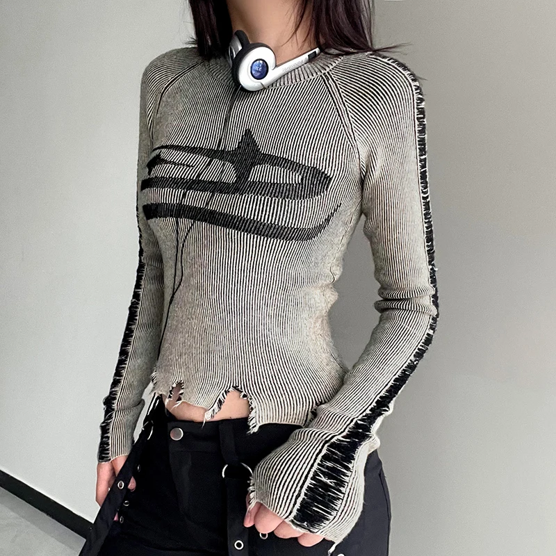 CIBBAR Vintage Ripped Stitched Sweater Pullovers Harajuku Print Full Sleeve Jumpers for Women Autumn Winter Knitwears Streetwear