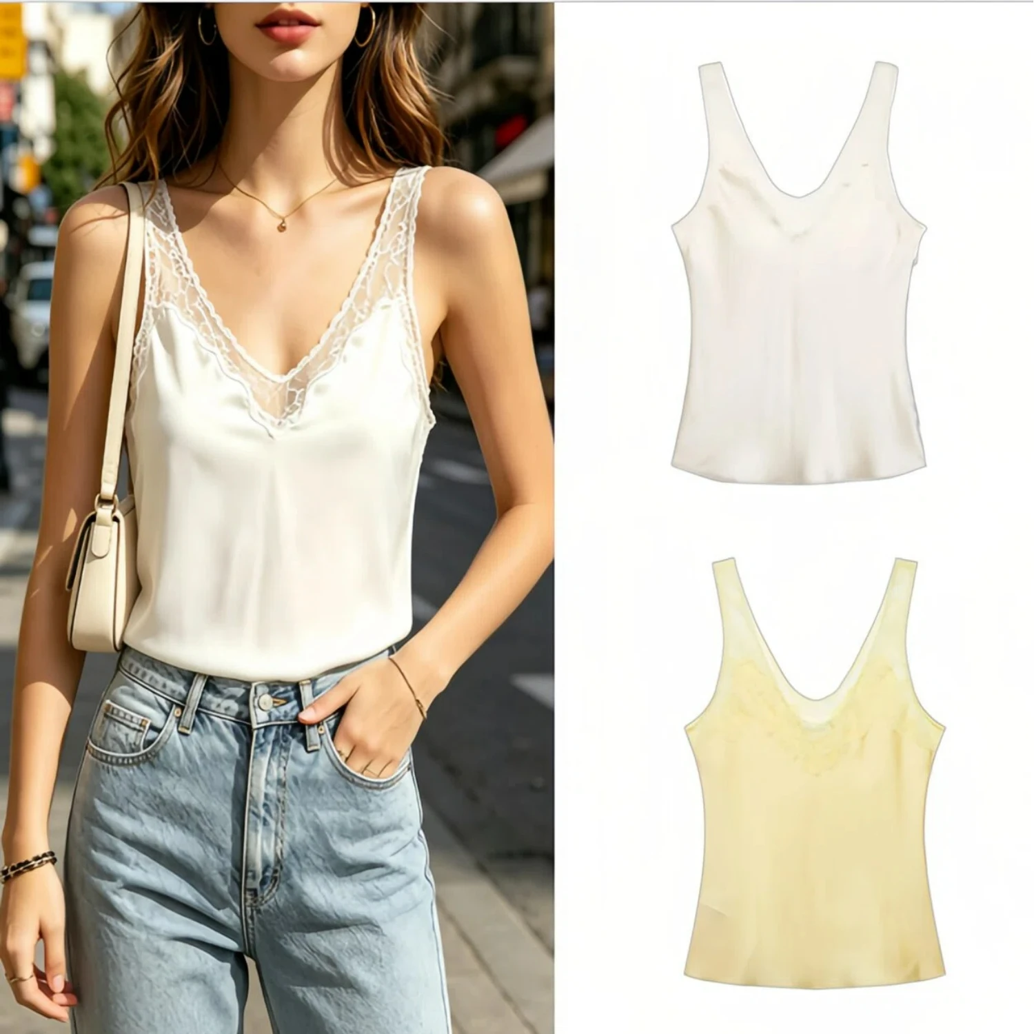 2026 Lace Trimmed Backless Camisole Women Sexy Satin Wide Straps Top Round Neck Sleeveless Boudoir Chic Basic Blouse