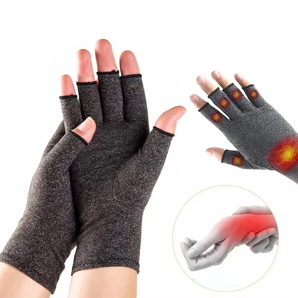 1 Pair Compression Gloves Hand Copper Arthritis Gloves Joint Pain Relief Half Finger Anti-slip Therapy Gloves For Womens Mens