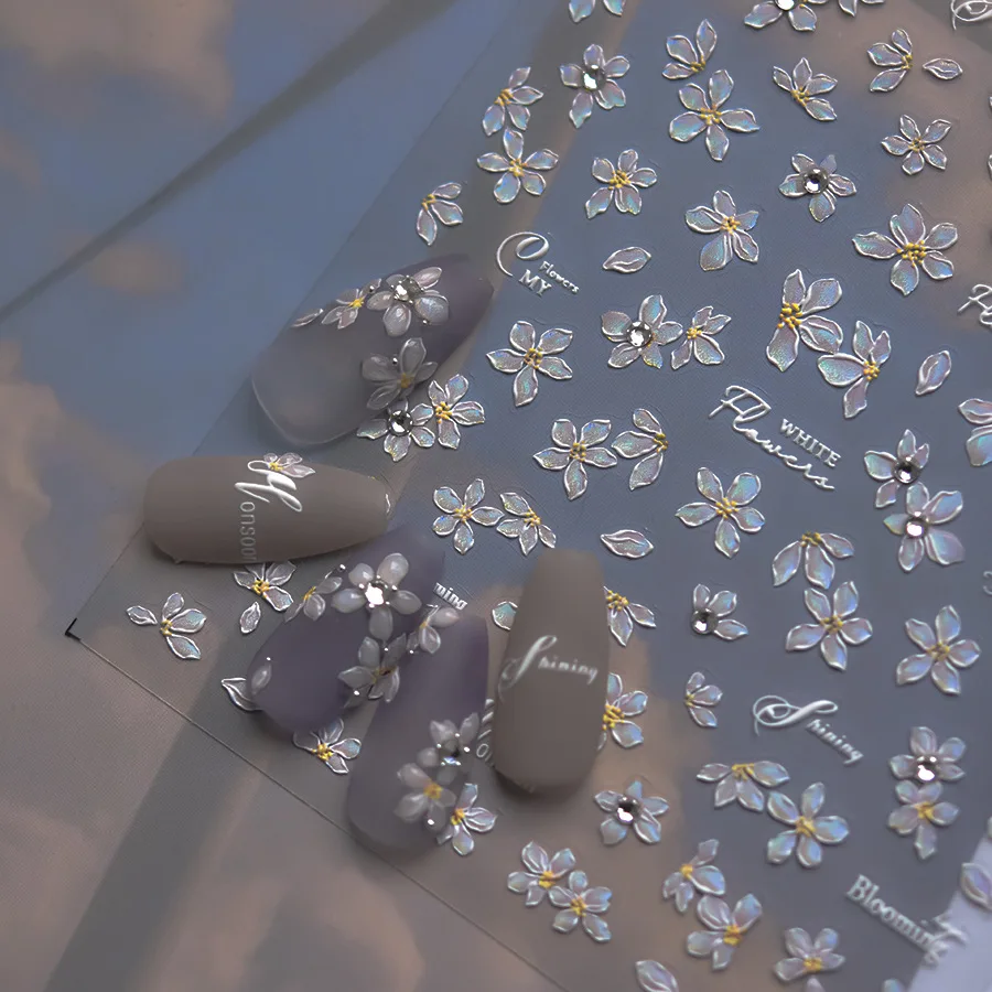 Elegant Flowers Nail Art Stickers 5D Crystal Diamond Nails Decorations Stickers Tassel White Pear Blossom DlY Autumn Nail Decals