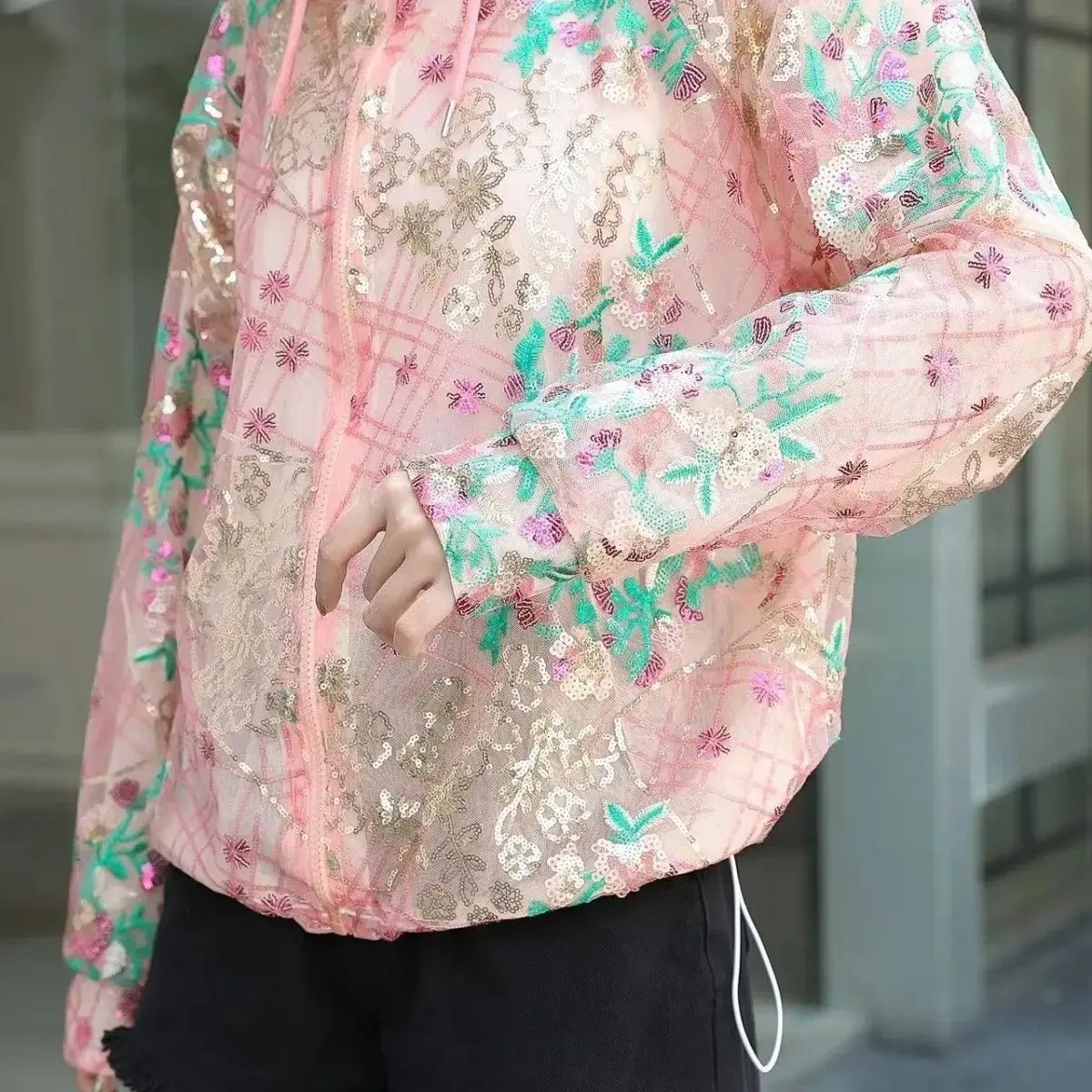Châu Âu Sang Trọng Nữ Kim Sa Lấp Lánh Áo Khoác Sang Trọng Nhiều Màu Sắc Bling Hoa Hồng Áo Dáng Rộng Dài Tay Áo Tím Áo Khoác Ngoài Ins