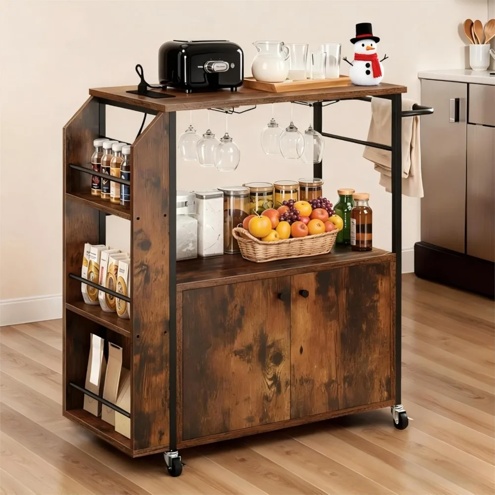 

36-Inch Mobile Kitchen Cart with Power Outlet, Rolling Utility Cart with Storage Shelves, Brown