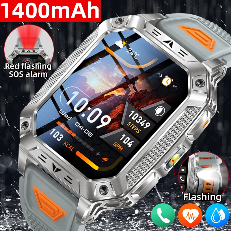 2026 Military 1400mAh Battery Smart Watch Fitness Tracker Waterproof Sport LED Flashlight Watches Men Smartwatch for Android iOS