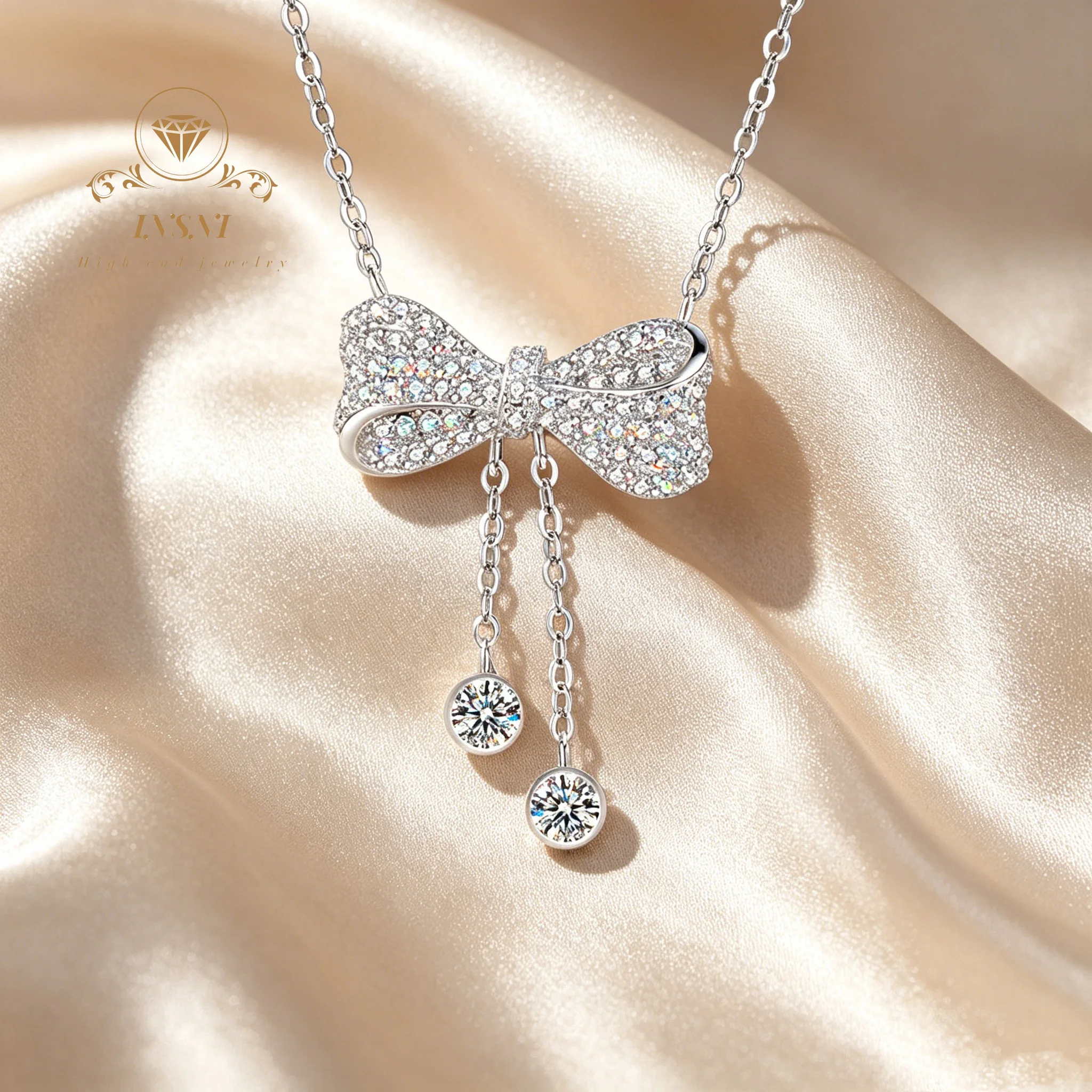 

Moissanite Jewelry Necklace Women's 925 Silver Tassel Bow Pendant Premium Clavicle Chain Affordable Light Luxury Jewelry Gift