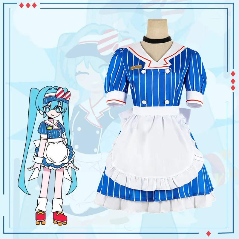 Costumes de cosplay Miku, uniforme d'anime Mesmerizer, robe de demoiselle d'honneur rayée pour femmes, chapeau, tablier, costume pour Halloween, Noël, carnaval, fête