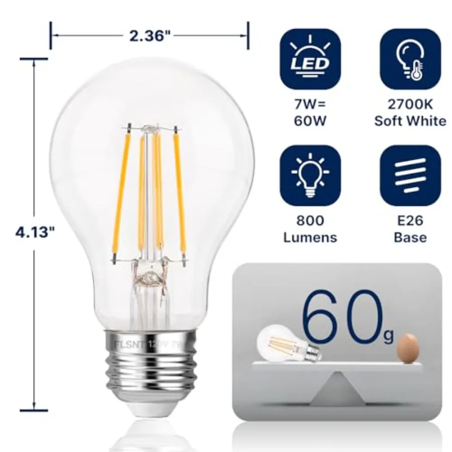60W Equivalent Dimmable A19 LED Light Bulbs, Efficient 7W, 800Lumens, 2700K Soft White, CRI82, E26 Standard Base, 15000 Hours,