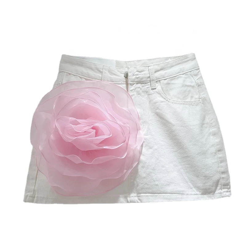 

2024 Summer New Special-Interest Design Three-Dimensional Flower Denim Skirt Woman's High Waist Slimming Hip Skirt Pantskirt