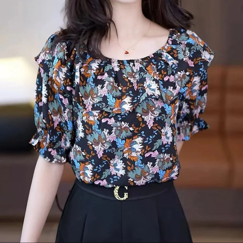 

Fashion Off Shoulder Floral Shirt Tops Summer New Short Sleeve Loose All-match Print Office Blouse Vintage Elegant Women Clothes