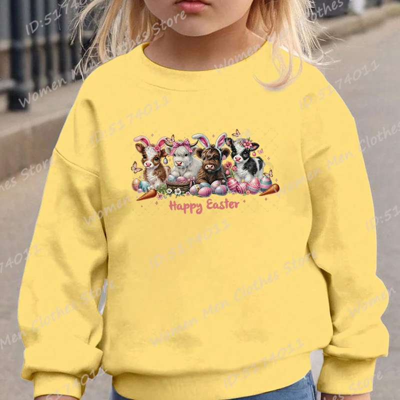 

Cow Bunny Happy Easter Print Sweatshirt Round Neck Tops For Children Kids Girls Long-sleeved Autumn Casual Solid Color Pullovers