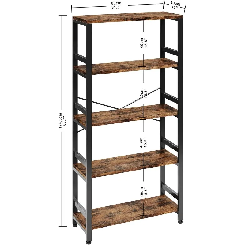 Bookshelves and Bookcases, 31.5in Wide Shelf 5-Tier Ladder Shelf 110lbs/shelf Vintage Industrial Style Bookcase for Bedro