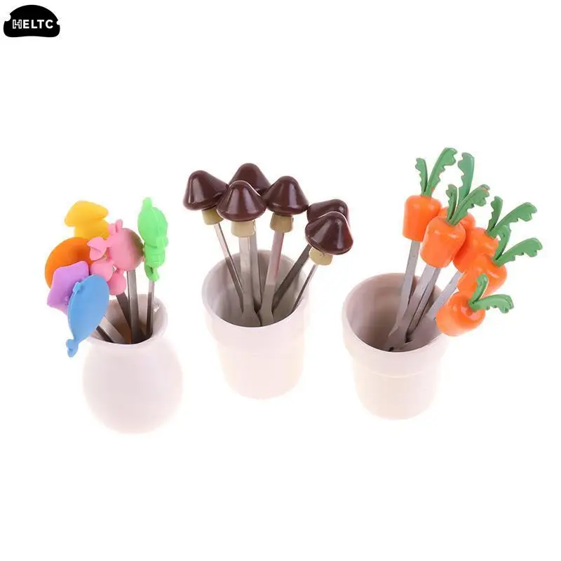 Cute Animal Carrot Mushroom Shape Fruit Fork For Children Dessert Forks Set With Storage Holder Party Tasting Fork Cocktail Pick