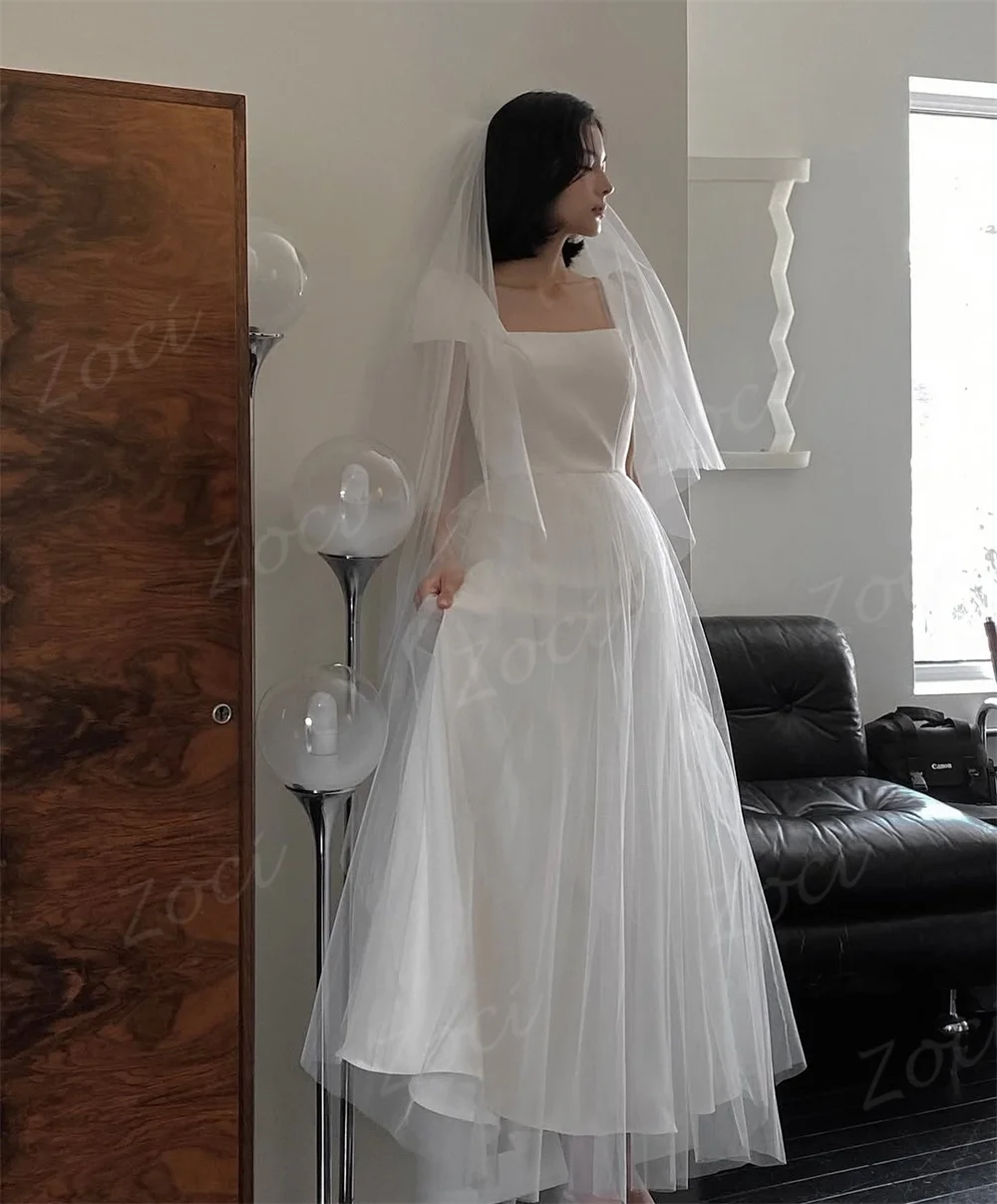 Zoci ชุดแต่งงานเกาหลีคอเหลี่ยมแขนสั้นชุดเจ้าสาว A-Line ชุดเจ้าสาวยาวชั้นที่กําหนดเองชุดราตรี