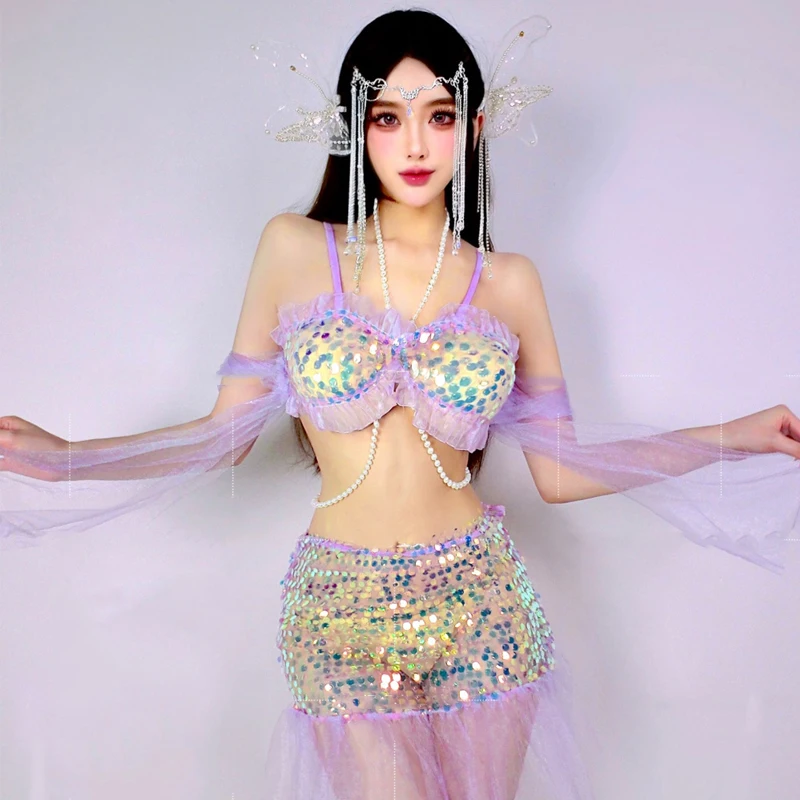 Sexy Gogo Dancer Costumes Women Sequins Pole Dance Clothing Ds Dj Group Singer Rave Outfits Stage Performance Wear XS8386