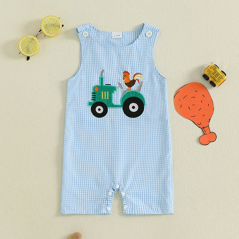 

Summer Baby Boy Romper Truck Chick Embroidered Plaid Sleeveless Newborn Jumpsuit