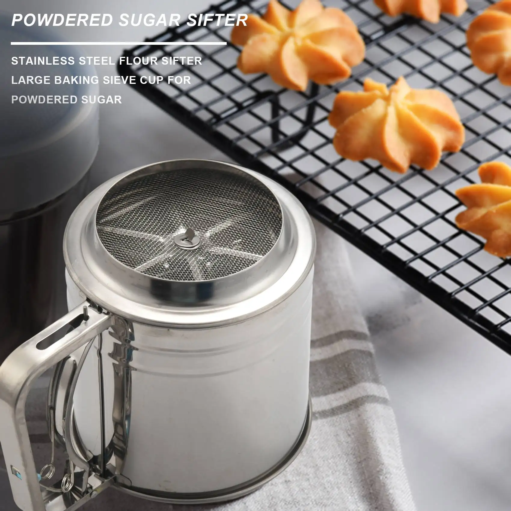 Stainless Steel Flour Sifter Large Baking Sieve Cup for Powdered Sugar