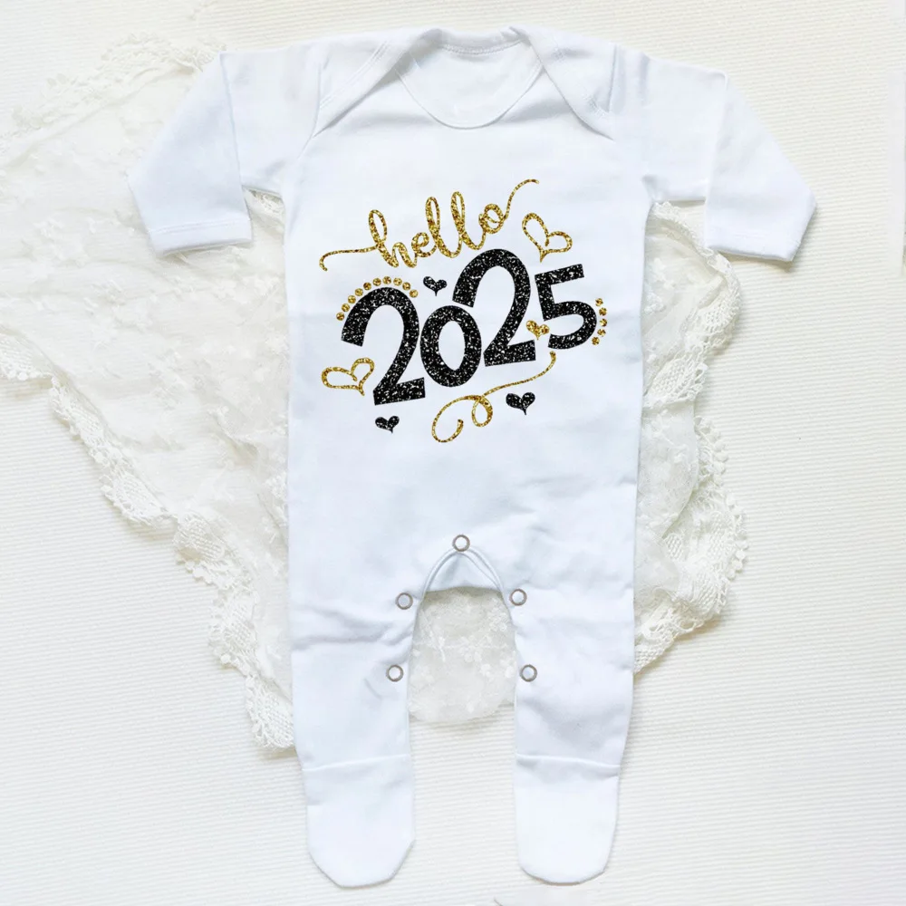 Hello 2025 Printed Baby Sleepsuit Romper Happy New Year Newborn Babygrow Outfit Jumpsuit Infant Footies Long Sleeve Bodysuit