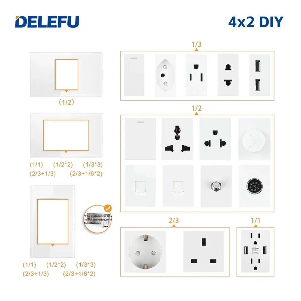 DELEFU Italian EU, Multi-functional Free Combination Computer USB Type C Wall Socket DIY White