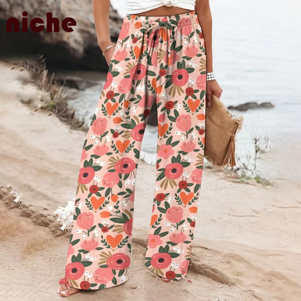 

Ladies Casual Beach Pants Y2k Style Tulip Flower Graphic Printing High Quality Fabric Chic Trend New Soft Wide Leg Trousers