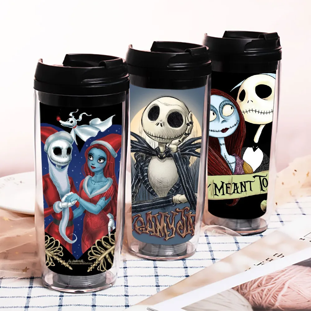 Nightmare Before Christmas Straw Cup Jack Sally Cartoon Double-Layer Plastic Travel Cup Insulated Water Cup Halloween Gift