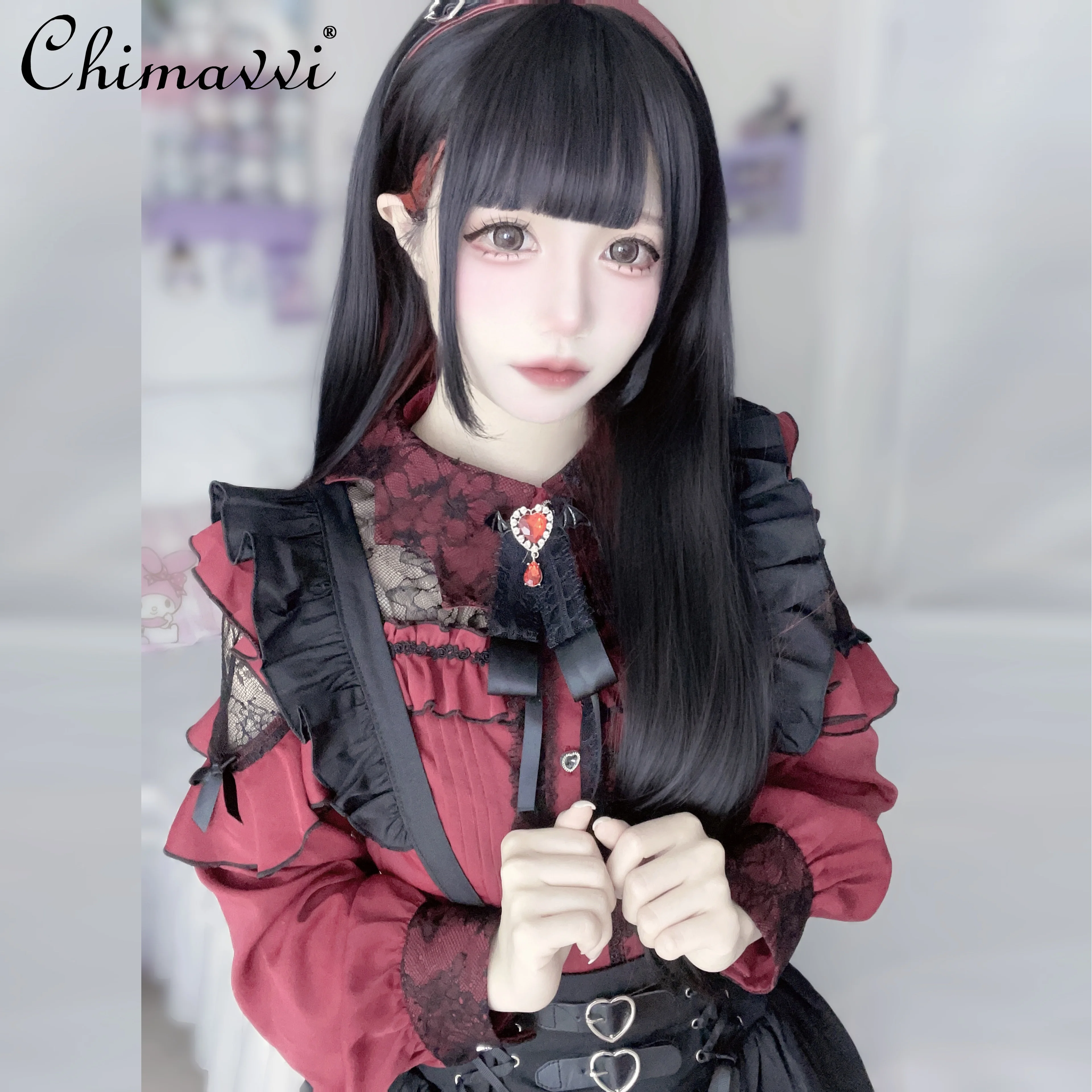 

Japanese Mine Mass Production Lace Burgundy Black Shirt Spring Autumn New Sweet Girls Ladies Long Sleeve Lolita Shirts Blouse