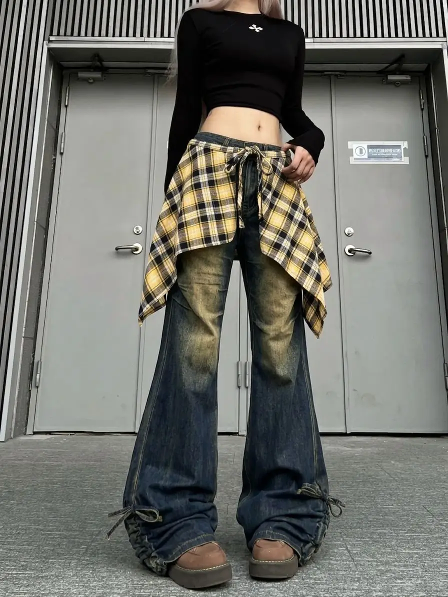 Women's Grid Skirt Design Wide Leg Jeans Street Girl Bottoms Casual Denim Pants Female High Waist Solid Color Baggy Trousers