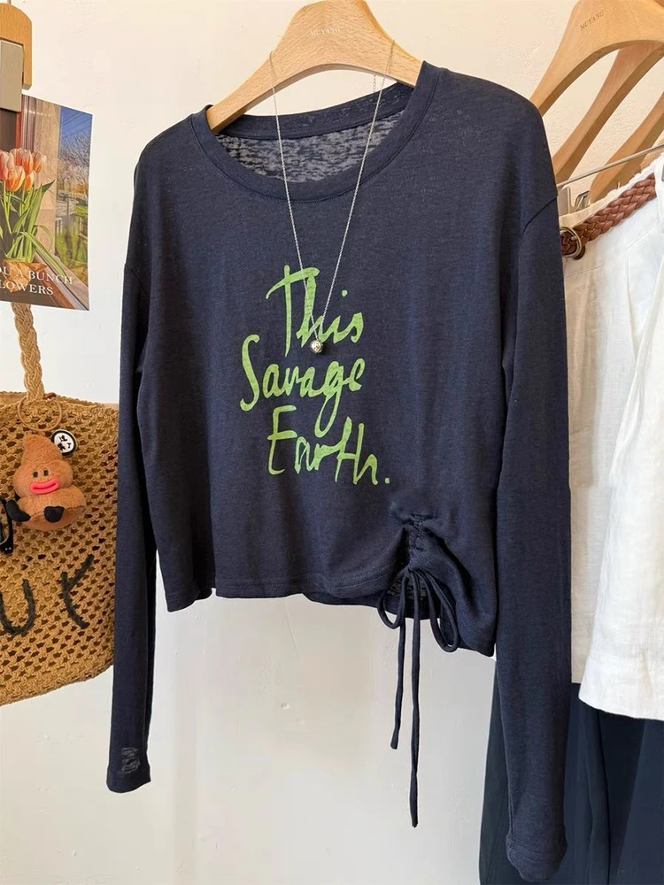 Y2K الرباط التي شيرت المرأة الكورية غطاء للحماية من الشمس إلكتروني طباعة طبقة فضفاضة الصيف