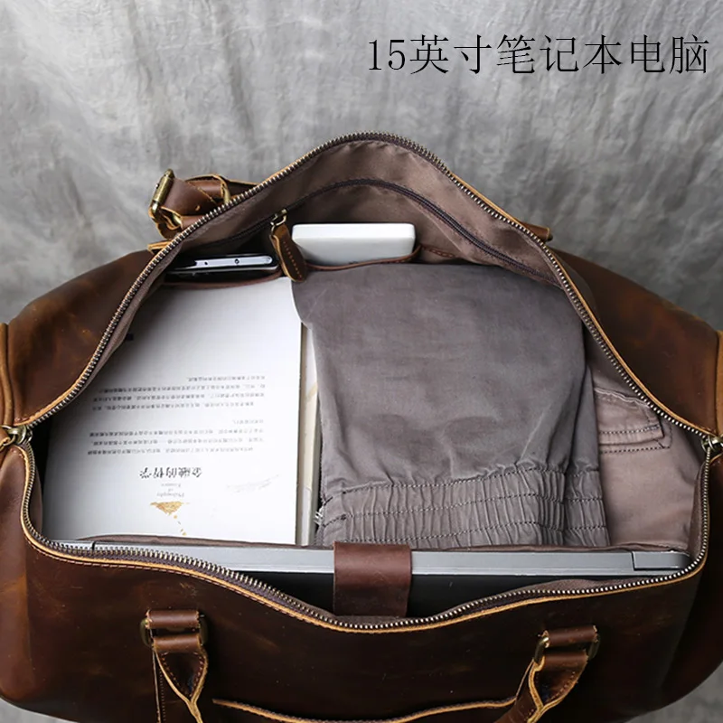 Retro Crazy Horse Leather Suitcase Travel Bag Leather Large Capacity Luggage Bag Business Travel Bag Thick Shoulder Bag