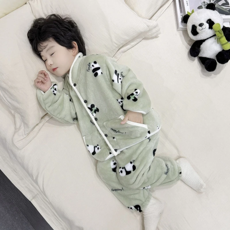 طقم بيجامة من الفلانيل للأطفال، ملابس نوم شتوية من الصوف المرجاني الفاخر للأولاد والبنات
