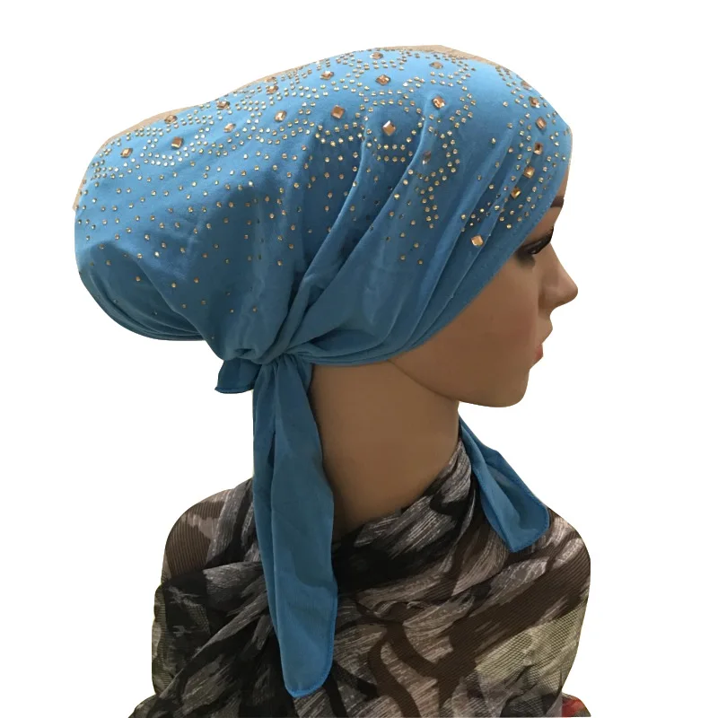 

Fashion New Muslim Women Inner Hijab Diamonds Turban Stretch Indian Hair Loss Head Cover Scarf Wrap Chemo Cap Bonnet Hat Beanies